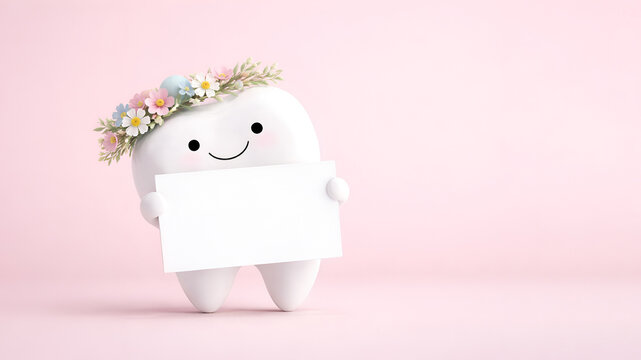 A cartoon tooth in an Easter spring wreath holding a blank sign on a pastel pink background with copy space. Mockup for Easter and holiday announcements and dental promotions, with space for text.