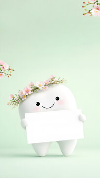 cartoon tooth in Easter spring wreath holding a blank sign on pastel green background copy space. Mockup Easter and holiday announcements and dental promotions with space for text. advertising dental