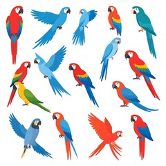 Naklejka premium A vibrant illustration showcasing various colorful parrots in different poses, wings spread, perched, or in flight, on a white background