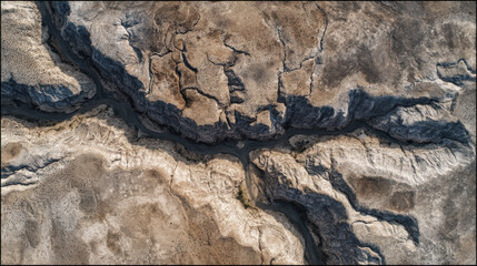 Fototapeta premium Dry summer landscape with cracked earth and narrow riverbed showing nature harsh conditions in arid terrain