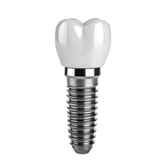 Single dental implant with white crown and silver screw, isolated against black backdrop
