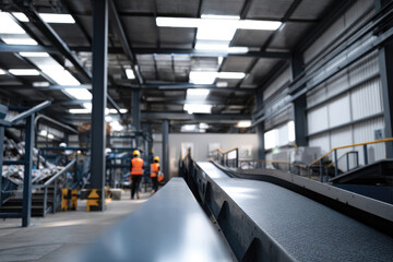 Obraz premium The image captures a conveyor belt system in an industrial recycling plant, emphasizing the flow of materials being processed and the importance of efficiency in recycling.
