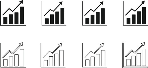 Business growth bar chart icons set, financial performance increase graphs with upward arrow trend symbols for corporate analytics design, Vector illustration