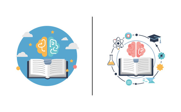 Flat and linear education concept with open book and brain icons