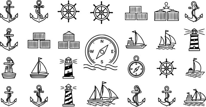 Professional nautical and maritime line icon set featuring ship anchors steering wheels lighthouse cargo containers navigation compass sailing vessels and marine transport symbols vector 
