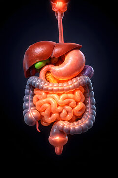 3D medical illustration of the human digestive system with a healthy glow, anatomically accurate organs, clean clinical style, glowing details on a dark background, high detail, modern healthcare conc