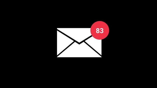 Envelope notification count grows from 1  to 100, symbolizing many unread messages. HD animation on black background.