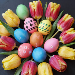 Obraz premium tribal tattoo, festive easter greeting card showcasing painted eggs in a nest alongside tulip flowers on a dark background, with view from above and copy space for personalized message