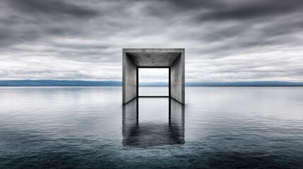 A stark concrete structure stands in calm waters under a cloudy sky, creating a surreal and contemplative atmosphere.