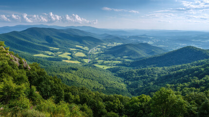 Obraz premium Summer nature landscape with green forest and rolling mountain hills under blue sky and clouds in peaceful countryside view
