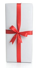 A tall, rectangular gift wrapped in white paper with a bright red satin ribbon tied in a bow. Simple and elegant