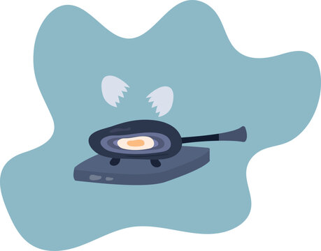 A broken egg is fried in a frying pan. Logo for design.