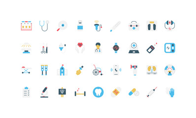 Fototapeta premium Modern flat style medical devices icons for healthcare, hospital, clinic, and technology design projects, perfect for infographics, web, and apps isolated on white background vector illustration