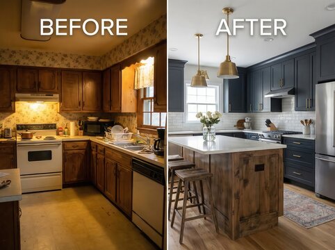 Split screen comparison of outdated kitchen and modern renovated interior with wooden island and dark cabinets. Home improvement and remodeling transformation concept.