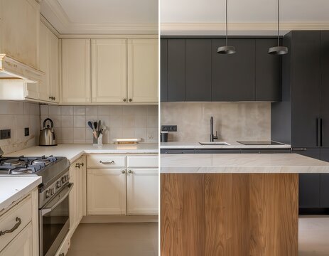 Split screen comparison of outdated kitchen and modern renovated interior with wooden island and dark cabinets. Home improvement and remodeling transformation concept.