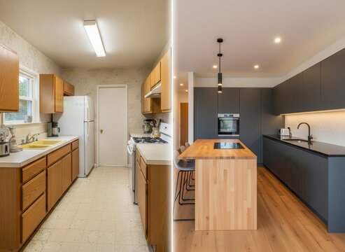 Split screen comparison of outdated kitchen and modern renovated interior with wooden island and dark cabinets. Home improvement and remodeling transformation concept.