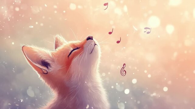Enchanted fox observes magical musical notes in whimsical forest setting