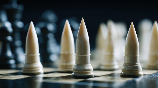 Chessboard Displaying Missile-Shaped Pieces Facing Each Other Under Dark Studio Light Emphasizes Brinkmanship in Strategic Thinking and Conflict