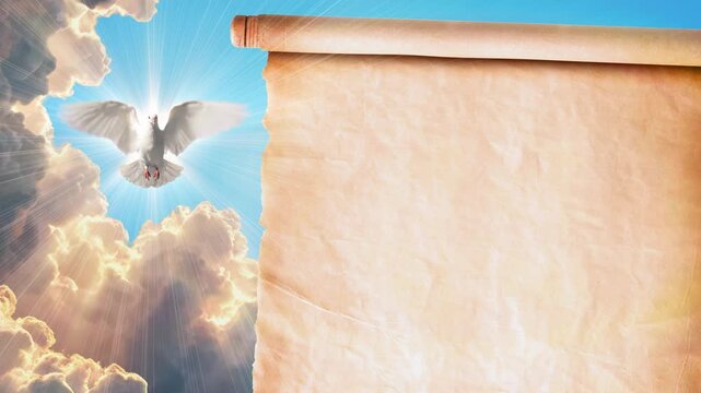 White Dove Heavenly Skies Biblical Ancient Scroll, Text Space, 4K Video Background Template