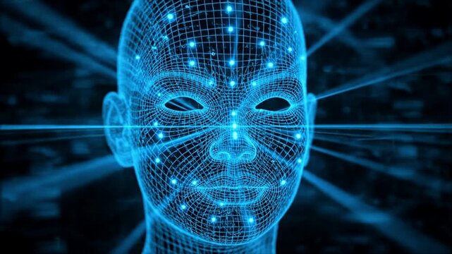Digital biometric face scanning wireframe concept for identity verification.
