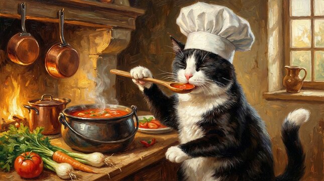 Cat cooks soup, cat cooks, Cat tastes soup, Cooking, Cooking, Tasting, Cheerful cat prepares delicious soup, Cat drinks broth, Cat with a wooden spoon, Cat holds a ladle
