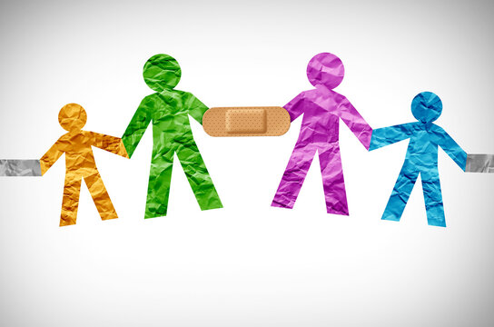 Mending A broken Family and relationship repair and estranged members of families counseling as parenting issues and Mother and father problems with loving parents and children with a bandage connecte