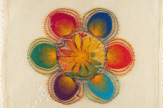Beige Ao Poi Fabric with Colorful Nanduti Lace Circles