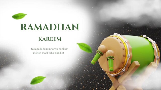 Ramadhan Kareem Banner: A festive banner that embodies the spirit of Ramadhan Kareem. The artwork features a drum and green leaves, symbolizing the celebration of the holy month.