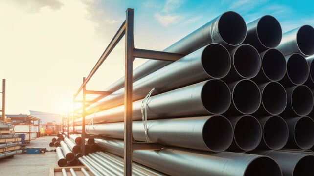 Stacked steel pipes loaded on a flatbed truck for industrial transportation, construction, and materials delivery
