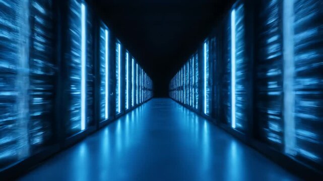 Fast dolly shot through dark data center with blue glowing server racks render