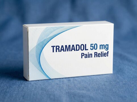 Medicine box of Tramadol. White box with some small graphic design, blue background. professional photo