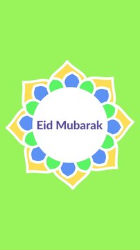 Vertical Eid Mubarak greeting animation featuring rotating floral ornaments on a green background. Designed for smartphone content, social media stories, and mobile-first platforms