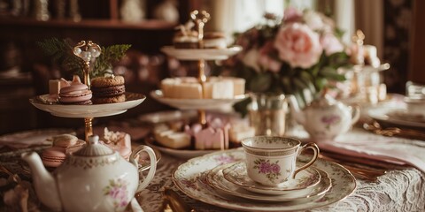 Fototapeta premium Indoor tea party with vintage china, pastel florals and tiered trays of desserts, bathed in golden light. Romantic and feminine gathering with nostalgic charm and delicate table styling.