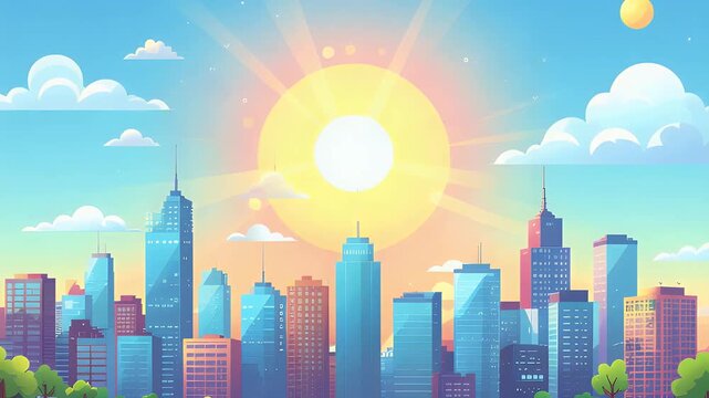 Colorful sunrise over a modern city skyline with tall buildings and vibrant clouds creating a lively urban atmosphere.
