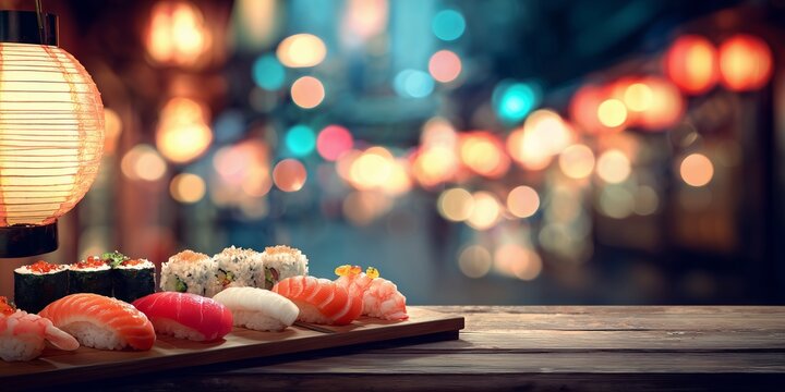 A minimalist sushi platter with nigiri and maki rests on a pale wooden counter. Through the window, glowing lanterns and a quiet Japanese alley fade into warm bokeh.