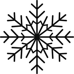 Vector outline of a symmetrical snowflake with six-pointed arms, black and white, winter themed