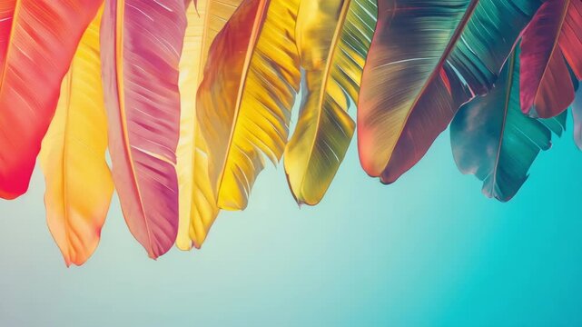 Vibrant feather colors swaying in gentle breeze against turquoise sky background