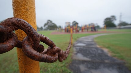 Naklejka premium Chain Wraps Around School Gate Showing a Playground in the Background on a Grey Sky Day in a Quiet Neighborhood Setting