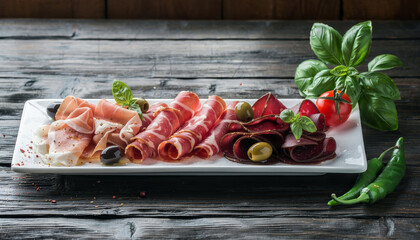 Gourmet charcuterie board with cured meats, olives, basil, and cherry tomatoes