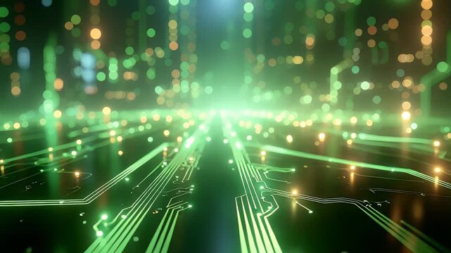 Futuristic green circuit board design with glowing lights in a digital landscape context for technology and innovation concepts.