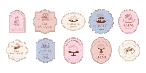 Naklejka na ściany i meble Retro pastry shop and bakery label set. Vintage illustrations of cakes and sweets for cafe logos and branding. 