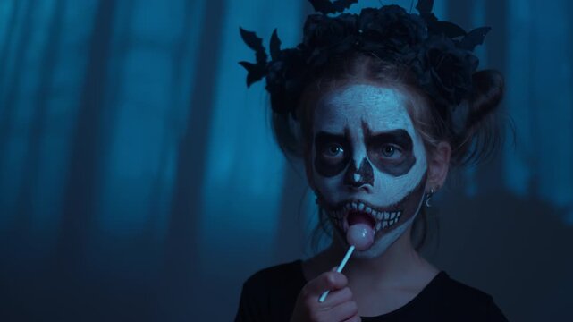Portrait of girl wearing skeleton face paint eating lollipop candy. Child looking at camera with spooky expression creating Halloween mood