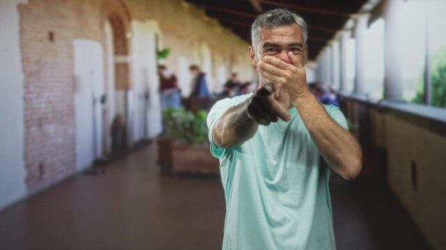 Man pointing finger and covering mouth with hand in a corridor of a historic building, visible archways and columns; embarrassment apology regret.