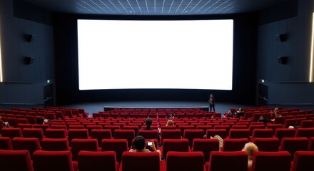 Fototapeta premium People seated in a modern movie theater with red chairs and a large blank screen waiting for a film to start.