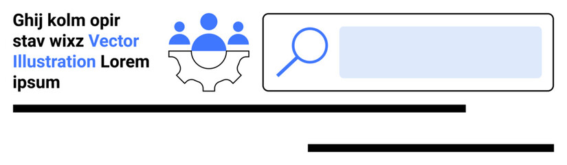 Obraz premium Teamwork, collaboration tools, data search, workflow integration, business solutions, technology interface. Group of people atop a gear next to a magnifying glass. Teamwork and collaboration tools