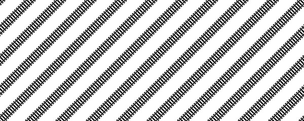 Seamless pattern of black and white diagonal railroad tracks with sleepers on a white background © Sutana