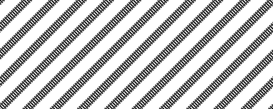 Seamless pattern of black and white diagonal railroad tracks with sleepers on a white background