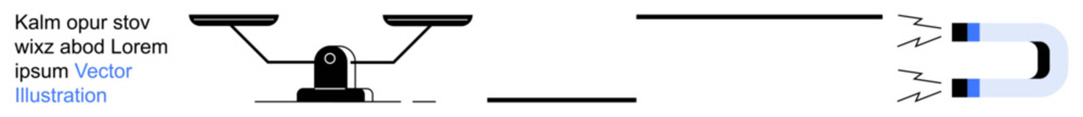 Physics, law principles, magnetism, equality, forces, attraction. A balance scale and magnet illustration linked by visual lines. Highlights physics and justice concepts of attraction and balance