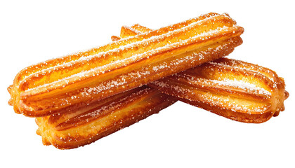 Stacked, golden-brown churros dusted with powdered sugar against a black background