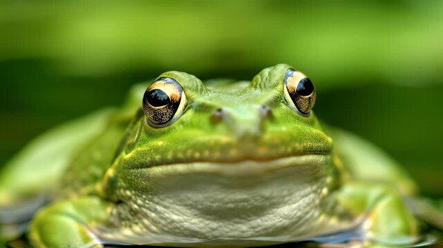 Close-up of a Green Frog Resting on Water Surface